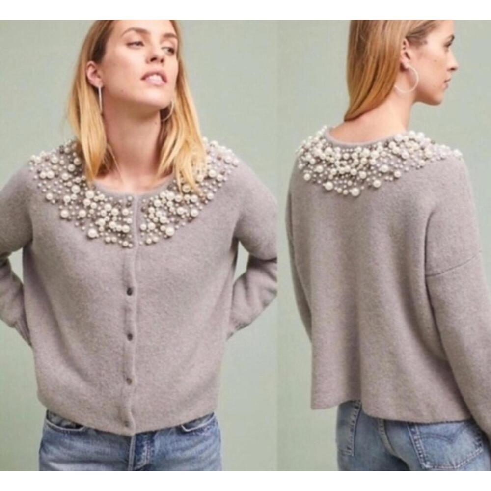 Anthropologie Moth Oversized Boxy Fit Knit Pearl Cardigan Sweater Women's XS